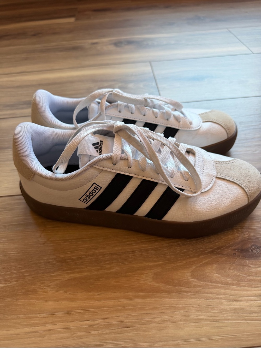 adidas White Sneakers with Black Stripes and Brown Sole - Picture 2 of 7